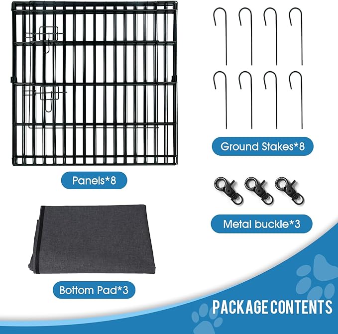 Dog Pen Pet Playpen Dog Fence Indoor Foldable Metal Wire Exercise Puppy Play Yard Pet Enclosure Indoor Outdoor 8 Panels 24 Inch with Bottom Pad/Top Cover (Black with top Cover)