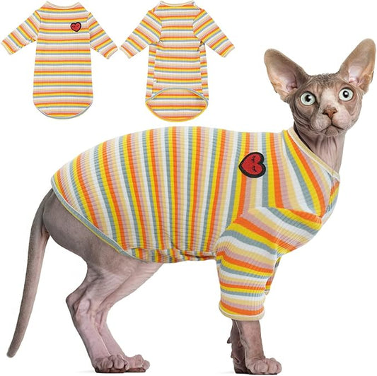 DENTRUN Hairless Cats Shirt Breathable Cat Daily Wear Clothes Stripe Vest Adorable Pajamas Jumpsuit Soft & Skin-Friendly