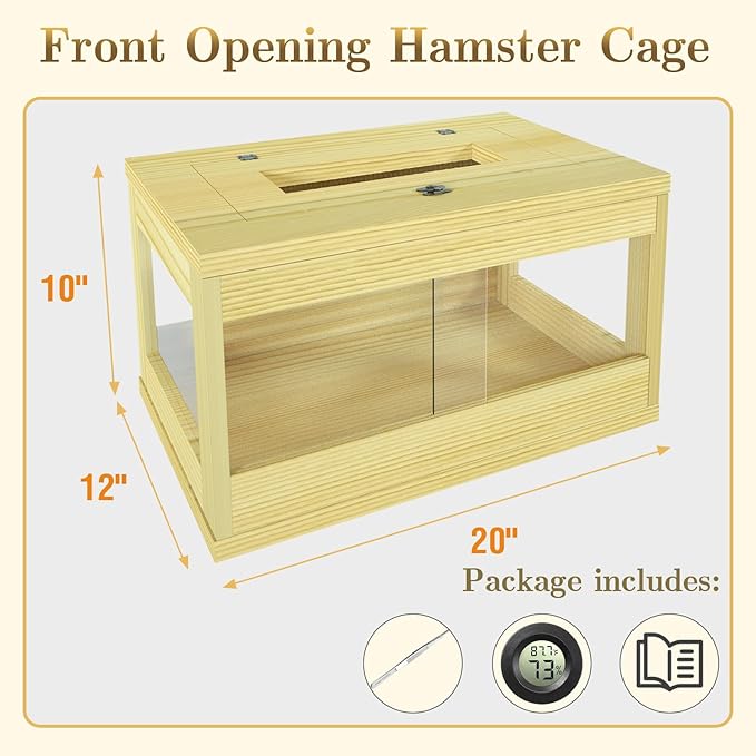 Mini Hamster Cage, Solid Wood Gerbil Cage, Chewproof Hamster Cages and Habitats, Sliding Doors, Top Ventilation Window, Guinea Pig Cages for Small Animals, Dwarf, Syrian, Mice, 20" x 12" x 10"