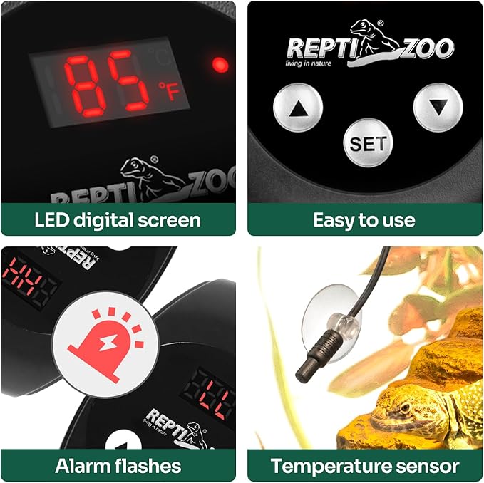 REPTI ZOO Reptile Light Fixture Dimming Thermostat Combo Pack, 5.5 Inch Deep Dome Lamp Fixture Max 100W, PID Reptile Thermostat Temperature Controller for Reptile Heat Lamp Bulb