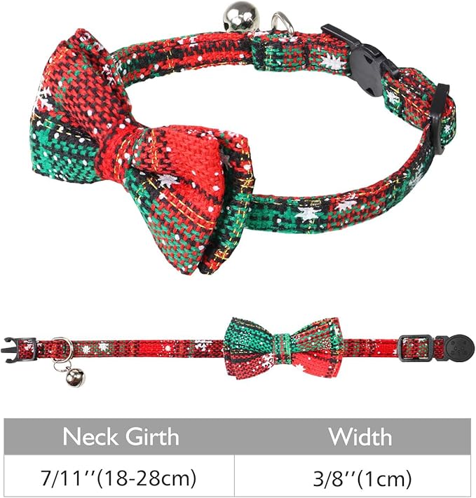 Joytale Upgraded Christmas Cat Collar with Bells, Breakaway Cat Collars with Bow Tie, 1 Pack Girl Boy Safety Plaid Kitten Collars, Christmas Green