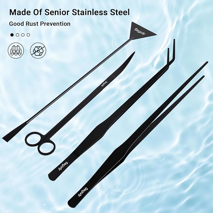 Segarty Longer Aquarium Aquascaping Tools, 4 in 1 Stainless Steel Black Aquarium Tools Kit for Aquatic Plant Fish Tank, Long Scraper Spatula Feeding Tweezers Curved Scissors Anti Rust Aquascape Set