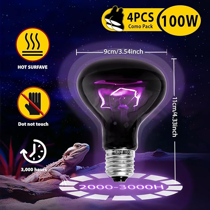 Reptile Heat Lamp, heat lamp bulbs , basking bulb 100w 4 Pack, basking light for bearded dragon, UVA UVB reptile light bulb for Bearded Dragon, Turtles, Tortoise, Lizard, Snake, Chameleon, Chicken
