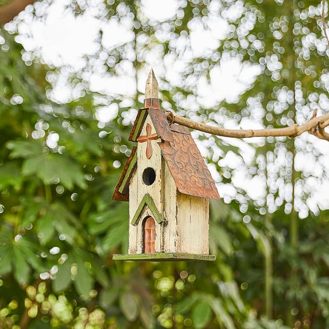 Glitzhome Wooden 14" H Hanging Distressed Church Birdhouse Decorative Garden Bird House