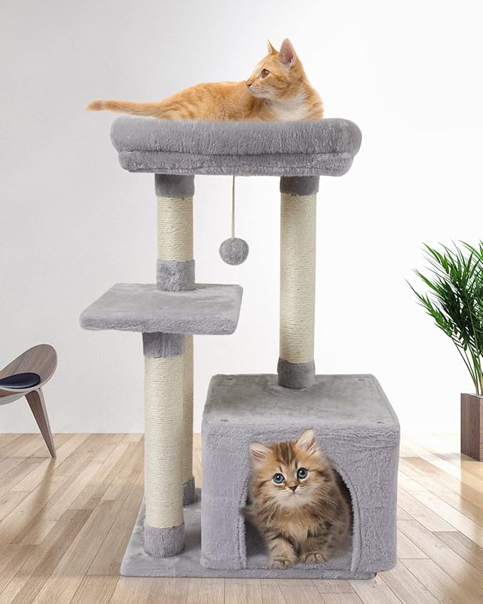 FISH&NAP Cute Cat Tree Kitten Cat Tower for Indoor Cat Condo Sisal Scratching Posts with Jump Platform Cat Furniture Activity Center Play House Grey