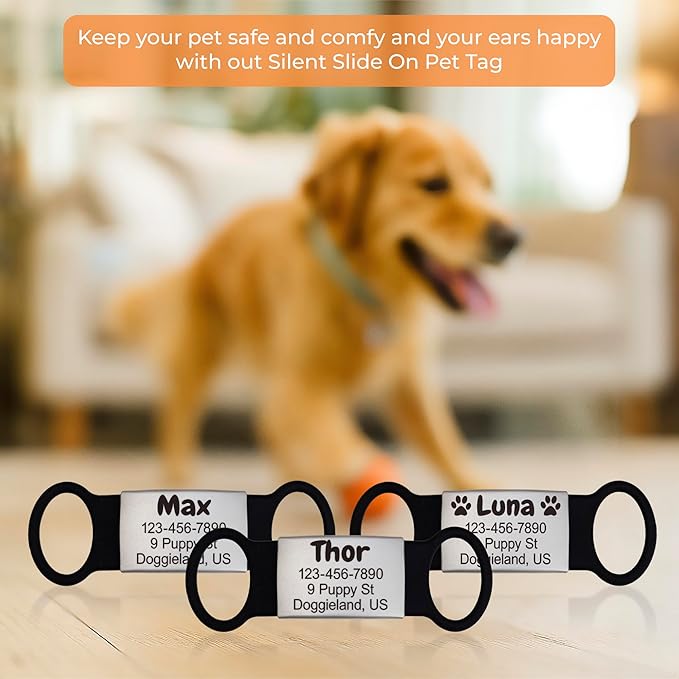 Custom Slide On Pet Tag ID, Fancy Silent Dogs & Cats Personalized No Jingle Engraved Identification Name & Phone Charm for Collar & Harnesses, No Noise for Puppies, Kitties, Horses & Animals