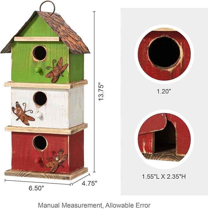 Glitzhome 13.75" H Multicolored Three-Tiered Distressed Solid Wood Birdhouse Garden Hanging Bird House for Outdoors