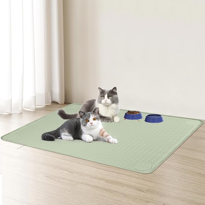 Cat Food Mat, 40" x 28" Extra Large Silicone Pet Feeding Mat with Raised Edge Pet Placemat for Food and Water Bowl Non-Slip, Easy to Clean, Floor Protection (Green)