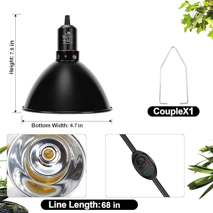 Reptile Light Fixture with Dimming Switch and Timer, 8.5 Inch Deep Dome Reptile Heat Lamp Fixture, Reptile Lamp Fixture Cap for UVB Bulb Basking Heat Bulb for Reptile Glass Terrariums, 1PCS