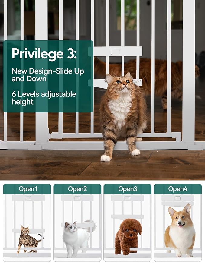 BABELIO 29-48" Extra Wide Baby Gate with Cat Door,Auto Close Metal Pet Door for Stairs, Doorways, House, Pressure/Hardware Mounted, Easy Walk Thru, White