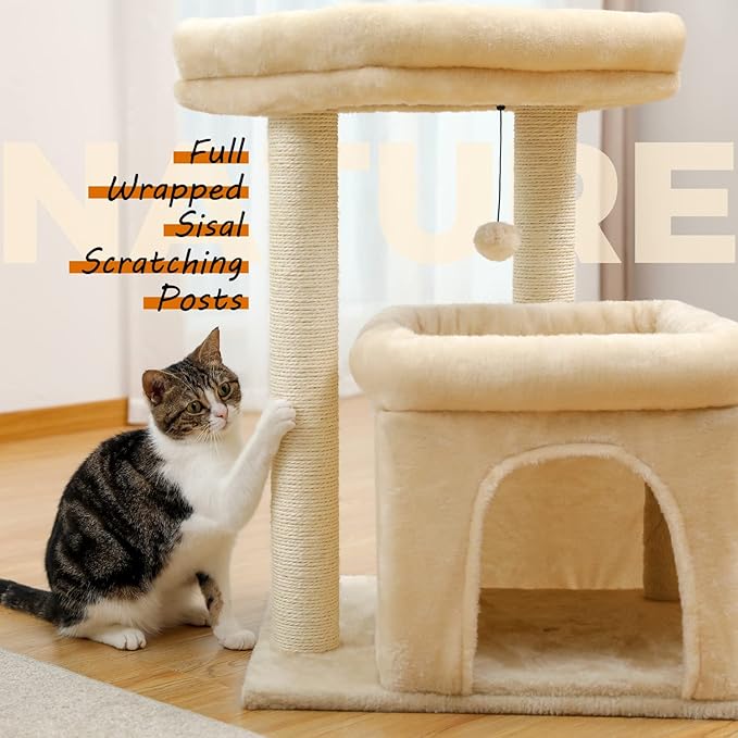 27" Cat Tree for Medium Cats, Cat Tower with Large Top Perch, Full Wrapped Natural Sisal Scratching Posts for Indoor Cats with Spacious Condo & Toy Ball, Beige