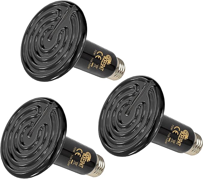 Energy Efficient 75W Reptile Heat Bulbs, Pack of 3 Ceramic Heat Emitters for Geckos, Turtle, Snake, Bearded Dragon, Lizards, Iguana, Reptile & Amphibians