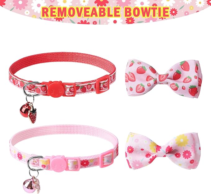 SCENEREAL Breakaway Cat Collar with Bell, 2 Pack Safety Adjustable Cat Collars with Pendant, Pink Personalised Puppy Kitten Collar with Bow for Spring Summer Valentines, Strawberry Flowers