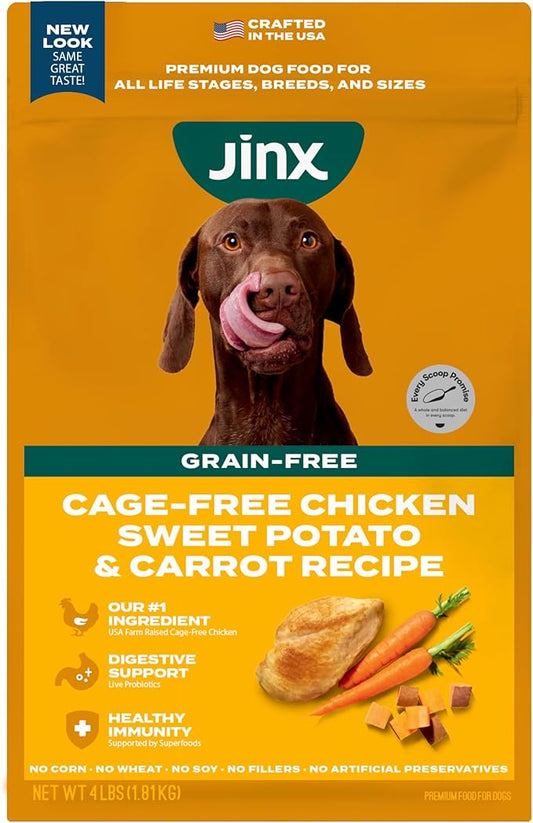 Jinx Premium Grain-Free Dry Dog Food, for All Lifestages - Real Chicken, Sweet Potato & Carrot Kibble with Superfoods for Immune Support & Probiotics for Digestive Support - No Fillers - 4lb