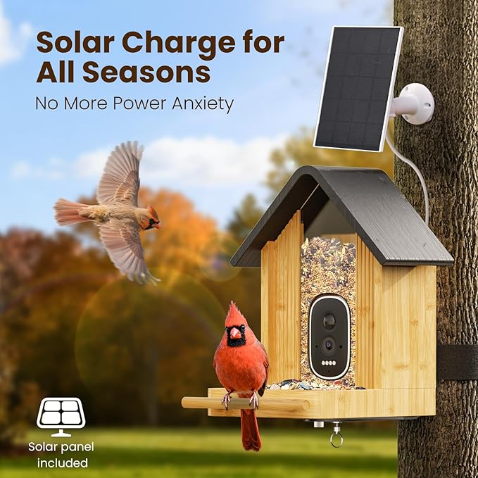 Smart Bird Feeder with Camera,Premium Bamboo Birdfeeder,2.5K UHD Bird Camera AI Identifies, Real-time Bird's Videos & Pictures, Solar Powered Wireless Outdoor, Ideal Present for Parent