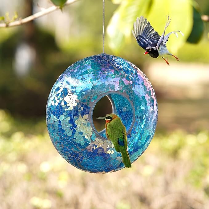 Topadorn Mosaic Bird Feeder Fly Through Hanging Birdfeeder for Wild Bird, 9-Inch Blue Bird Feeder for Gardens, Yards, Decks to Attract Wild Birds