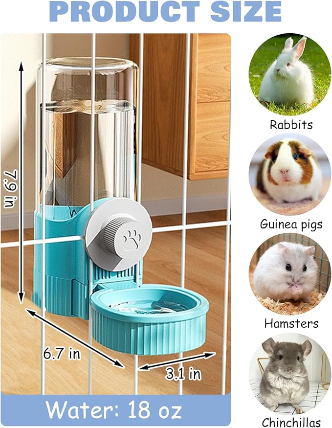 BNOSDM Rabbit Water Dispenser for Cages, 18oz 2 Pack Gravity Guinea Pig Water Bottle No Drip, Hanging Bunny Water Feeder for Chinchillas Hamsters Ferrets Squirrels (Blue)