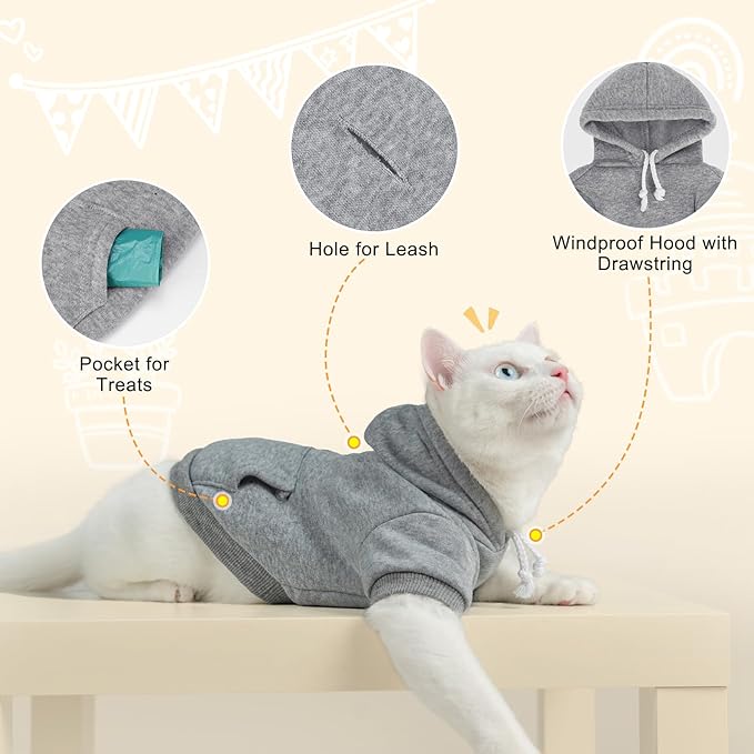 BEAUTYZOO Dog Hoodie & Cat Sweater for Small Dogs Puppy Girls Boys, Fleece Lined Warm Winter Fall Dog Clothes with Leash Hole and Pocket, Ultra-Soft Pet Jacket Coats Kitten Clothing, Grey L