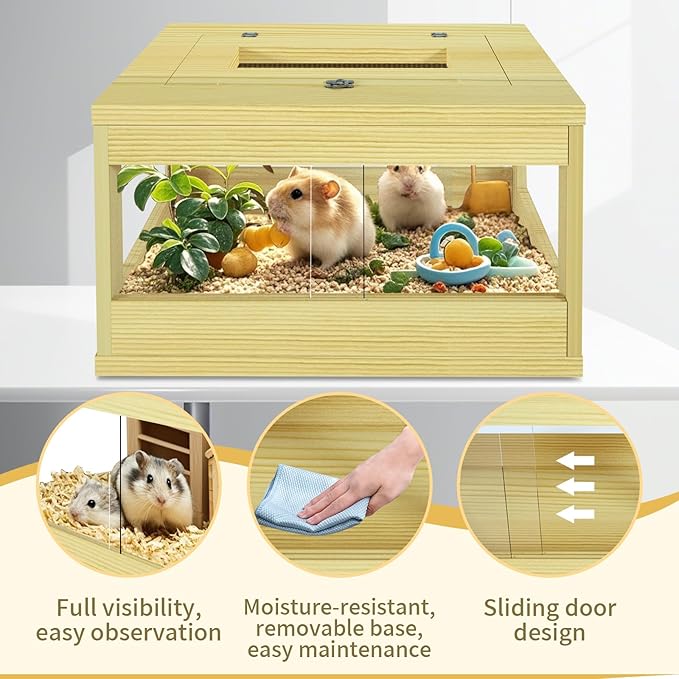 Mini Hamster Cage, Solid Wood Gerbil Cage, Chewproof Hamster Cages and Habitats, Sliding Doors, Top Ventilation Window, Guinea Pig Cages for Small Animals, Dwarf, Syrian, Mice, 20" x 12" x 10"