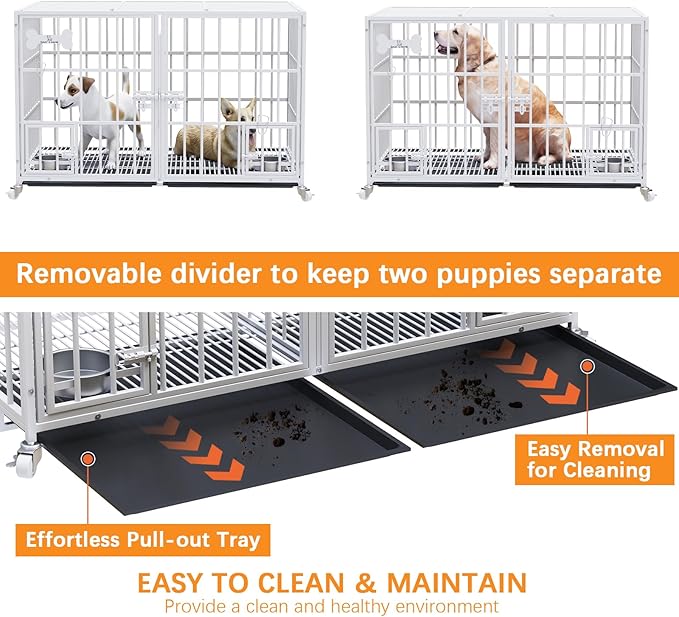 Dosker 42 inch Heavy Duty Metal Dog Crate Cage with Divider for 2 Dogs/Large Dog,All Metal Open Top Escape Proof Cage,Kennel Indoor with Wheels,2 Tray,Feeding Bowl(White)