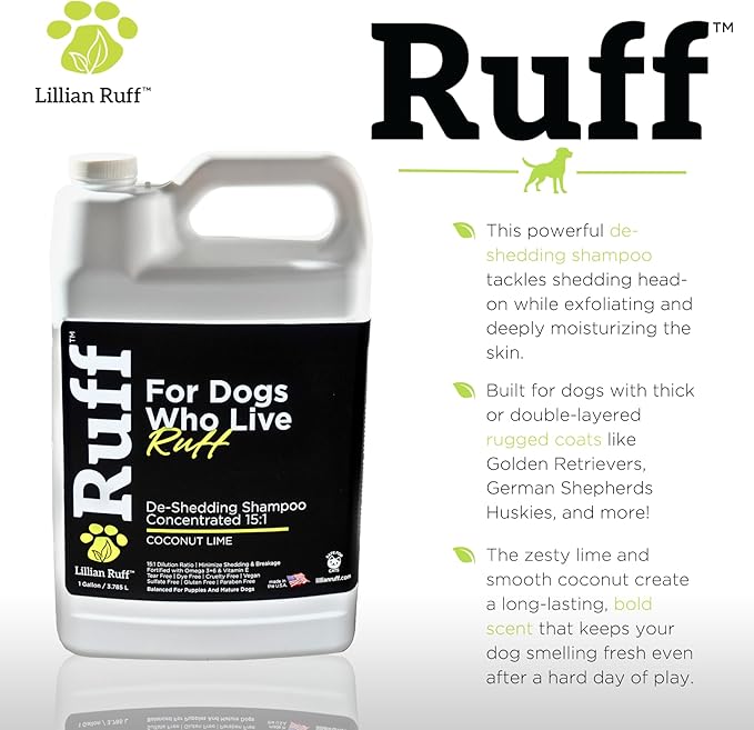 Ruff by Lillian Ruff 15:1 Concentrated Deshedding Dog Shampoo – Extra-Strength Shedding & Odor Control – Aloe, Coconut Oil & Vitamin E – Puppy Safe, USA Made - Coconut Lime – Gallon Pump
