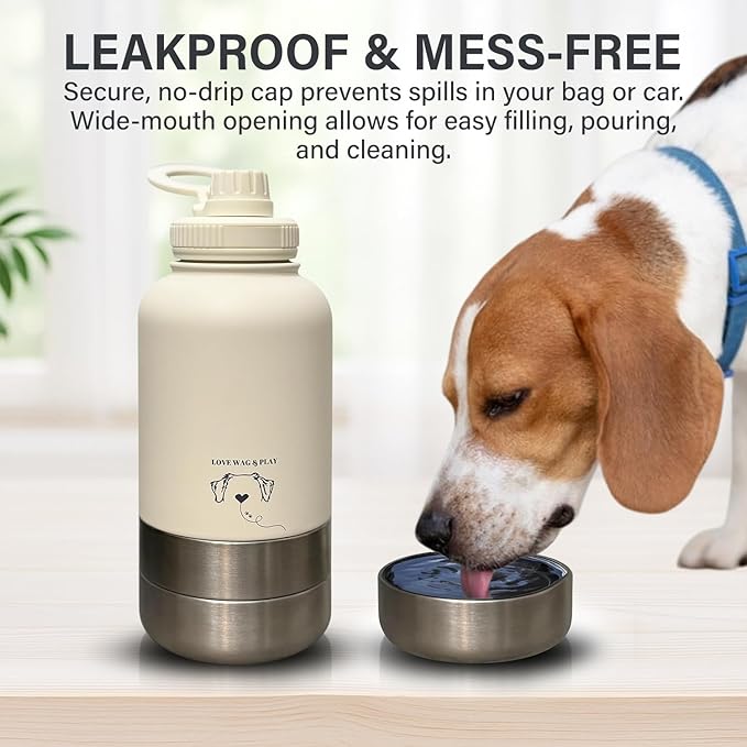 Love Wag & Play Dog Water Bottle Portable – 2 in 1 Stainless Steel Bowl for Food, Water – Leakproof Portable Water Bowl for Dog with Carry Loop – Detachable Design – Ideal for Kibble, Treats – Green