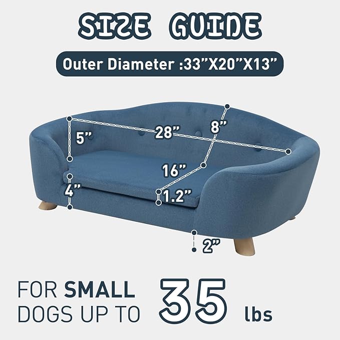 SHAVI Large Dog Couch, 35" Wide Pet Sofa for Large and Medium Dogs with Removable Mattress Cover, Luxury Raised Dog Couch Velvet Lounging Bed with Anti-Slip Bottom(Blue)