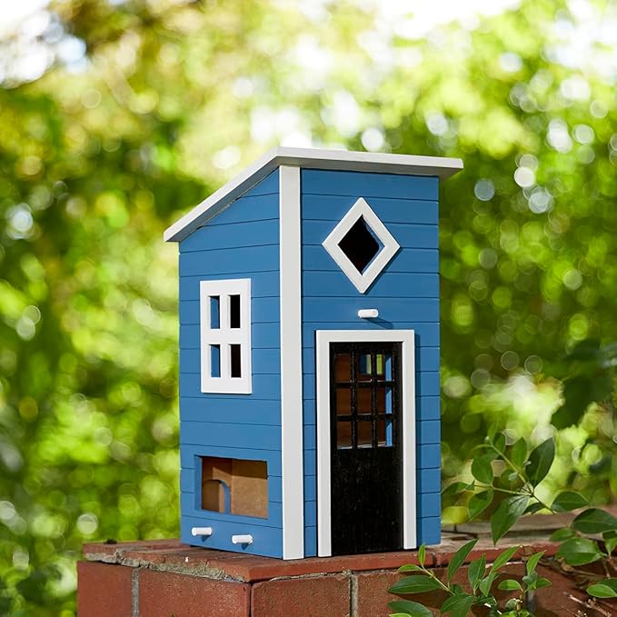 Glitzhome Large Bird Houses for Outside, Hanging Bird Houses for Outdoors, 14"H Modern Hand Painted Solid Wood Cottage Hummingbird House, Functional Decorative Birdhouse for Garden Patio Backyard,Bule