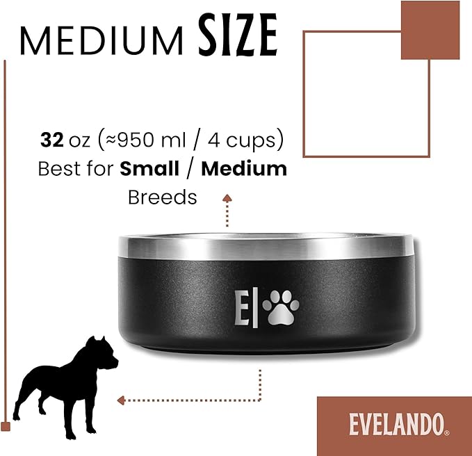 EVELANDO® 32 oz Premium Stainless Steel Pet Bowl with Triple Layer Insulation Keeps Food Warm and Water Fresh Non Slip Silicone Base BPA Free Elegant Dish for Small and Medium Dogs or Medium Cats