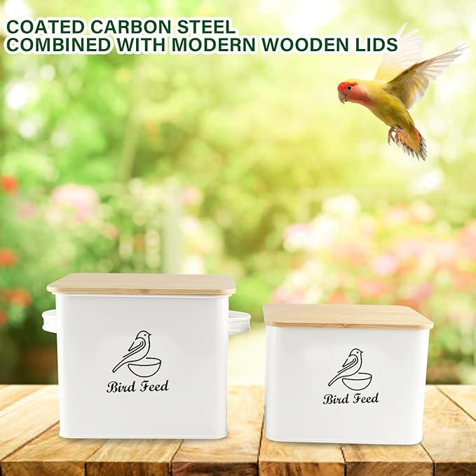 Airtight Bird Seed Storage Container Set of 2, 10LB Metal Bird Food Container with Bamboo Lids,Wild Bird Seed Tin for Storing Sunflower Seed-Squirrel proof -White