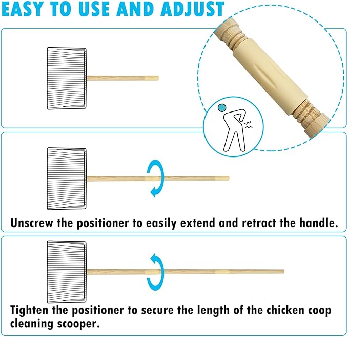 PINVNBY Stainless Steel Chicken Poop Scooper 3 in 1 Adjustable Wooden Handle Poop Scooper for Chicken(18.1" to 42.1")Multifunctional Chicken Coop Cleaning Tools Sifting Shovel Chicken Coop Accessories