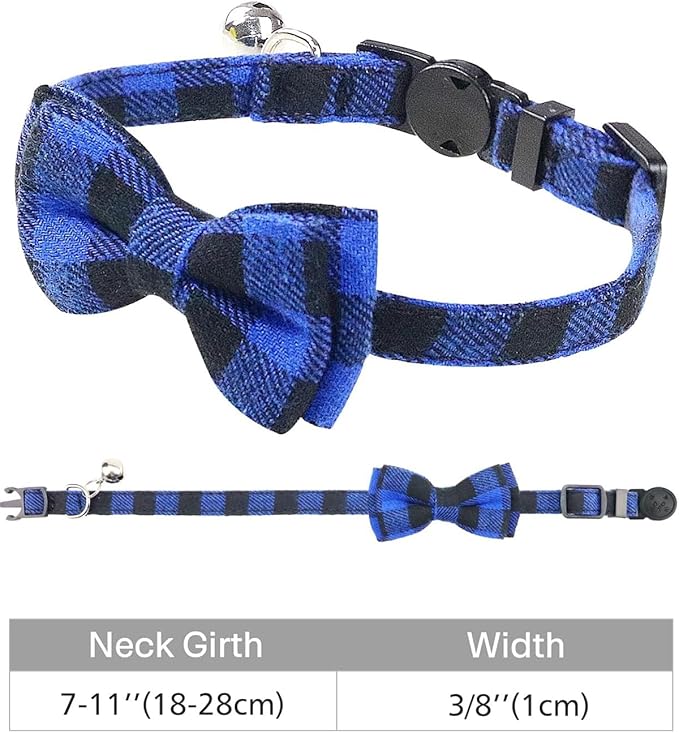 Joytale Upgraded Cat Collar with Bells, Breakaway Cat Collars with Bow Tie, 1 Pack Girl Boy Safety Plaid Kitten Collars, Blue
