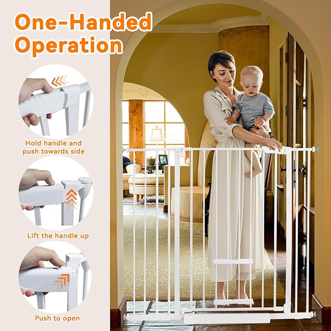 30 Inch Tall Baby Gate with Small Cat Door, Adjustable Auto Close Dog Gate Easy Walk Thru Pet Door for Stairs, Doorway, House (White, 29.52"-43.71")