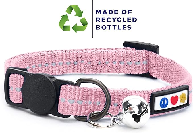 Pawtitas Recycled Cat Collar with Reflective Stitched and Safety Buckle Removable Bell Reflective Cat Breakaway Collar Made from Plastic Bottles Pink Cherry Blossom Cat Collar