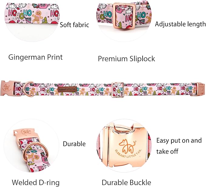 Elegant little tail Christmas Dog Collar, Pink Gingerbread Man Print Pet Collar Dog Durable Cute Dog Collars Winter Holiday Male or Female Pet Gift Adjustable Dog Collar for X-Large Dogs