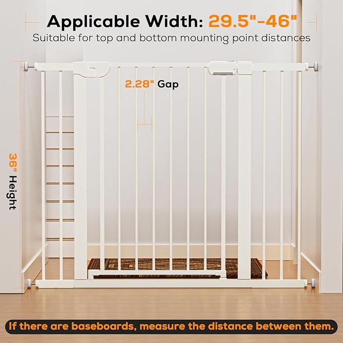 29.5-46" Baby Gate for Stairs, Pressure Mounted Dog Gate Indoor, Auto Close Pet Gate for Doorways No Drilling, Easy Install Baby Essentials with Large Walk Thru Door, White