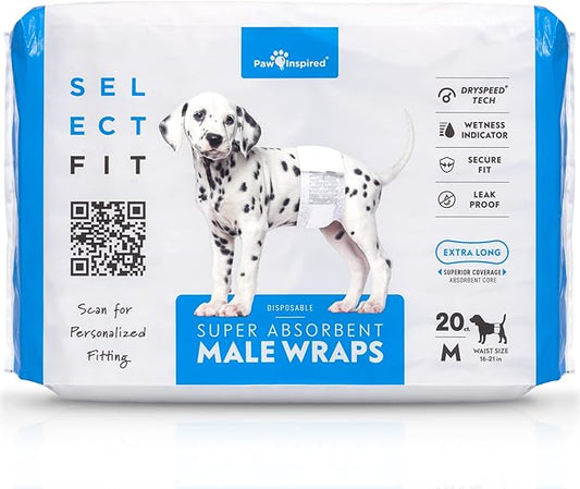 Paw Inspired Select Fit Male Dog Diapers, Disposable Male Wraps with Wetness Indicator| Belly Bands for Small, Medium, Large Dogs (Medium, 20 Count)