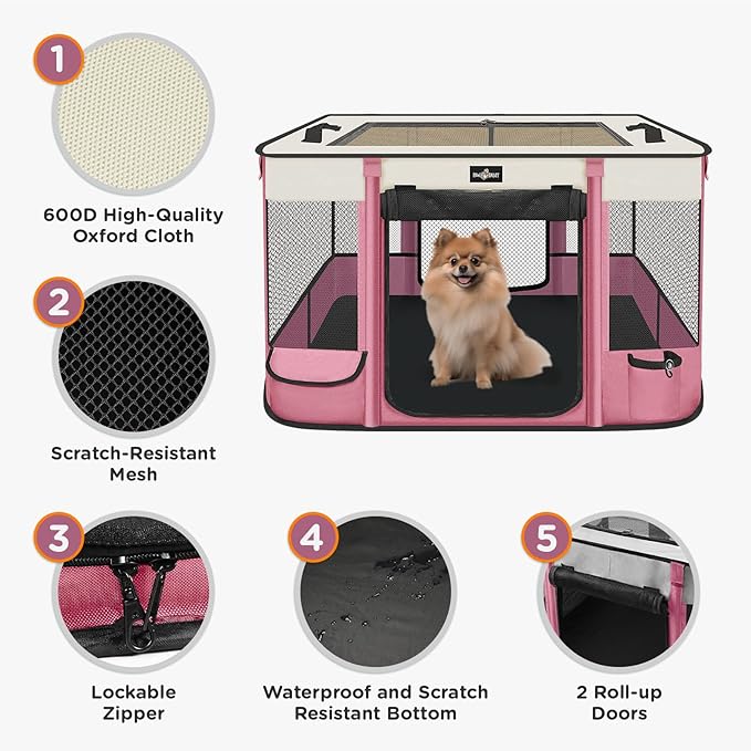 Foldable Pet Kitten Playpen, Upgrade Waterproof Portable Cat Dog Playpen Kennel Tent for Dog Cat, Retractable Shade Cover with Free Carrying Case, Indoor Outdoor Use for Small Pet, Pink