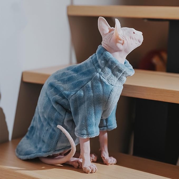 Turtleneck Sweater for Sphynx Cat Soft Coral Fleece Cat Clothes Thick Winter Warm Outfit Coat for Hairless Cats and Small Dogs Apparel with Sleeves (Blue, L (7-8.5 lbs))