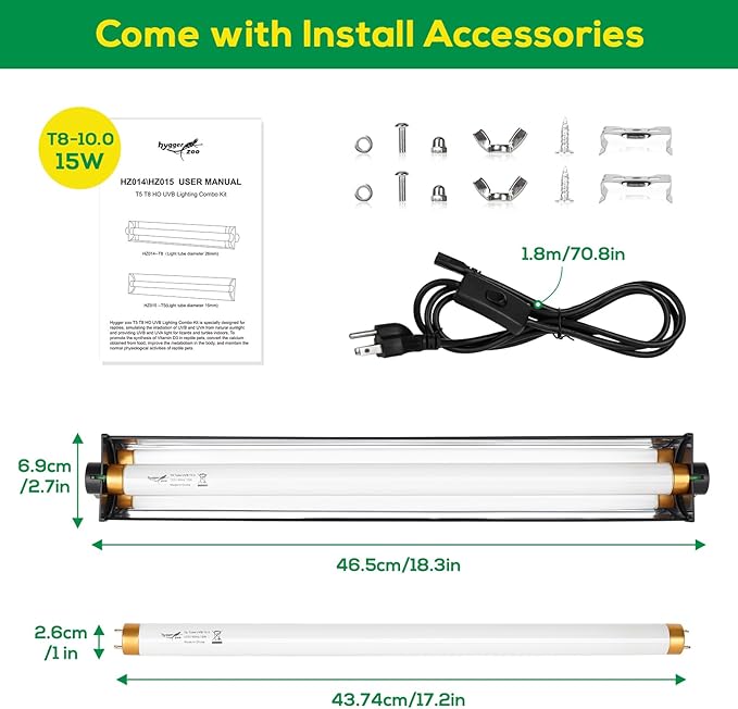 T8 UVB Reptile Light Fixture HO UVB Bulb Lighting Combo Kit, 10.0 UVB Light for Reptiles Terrarium Hood with 15W Reptile Light Bar UVA UVB Desert Lamp for Bearded Dragon Turtle Tank, 18Inch