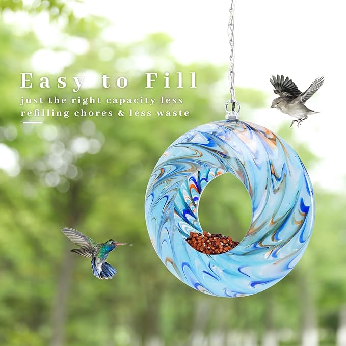VCUTEKA Bird Feeder Solar Fly Through Bird Feeders for Outside Hanging with Round Shape Glass Container to Attract Wild Birds for Garden Decor, Solar Birdfeeder as Gift for Lovers, Light Blue 8-Inch