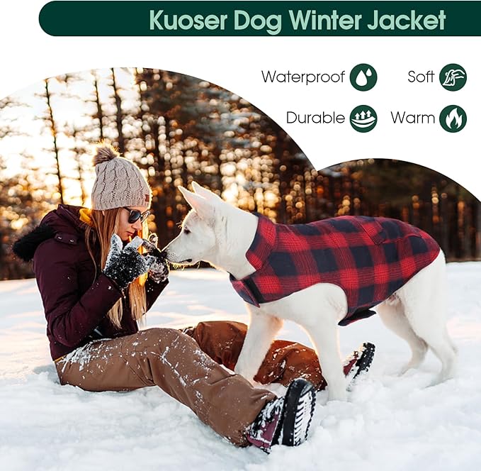 Kuoser Reversible Winter Coat, British Style Jacket for Small Medium Dogs - Warm, Windproof Puppy Cold Weather Vest, Red M