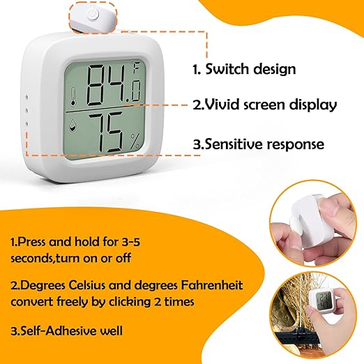 2 PCS Reptile Thermometer and Humidity Gauge for Reptile Tank with On-Off, Reptile Tank Accessories for Jumping Spider, Leopard Gecko, Hermit Crab, Gecko, Ball Python, Lizard, white,rectangle