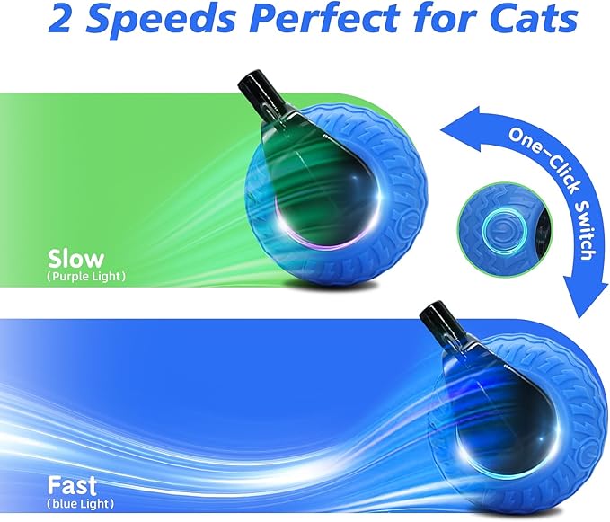 Interactive Cat Toy for Indoor Cats, Speedy Ball with Tail, Automatic Moving Cat Balls for Bored Indoor Adult Cats, 360°Automatic Rolling Ball Toy, Two Speed Adjustment(Blue)