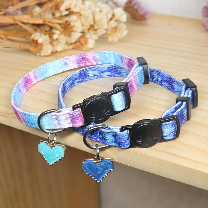 Cat Collar Breakaway, 2 Pack Cotton Cats Collars with Bells, Cute Heart Shaped for Girl Boy Kittens