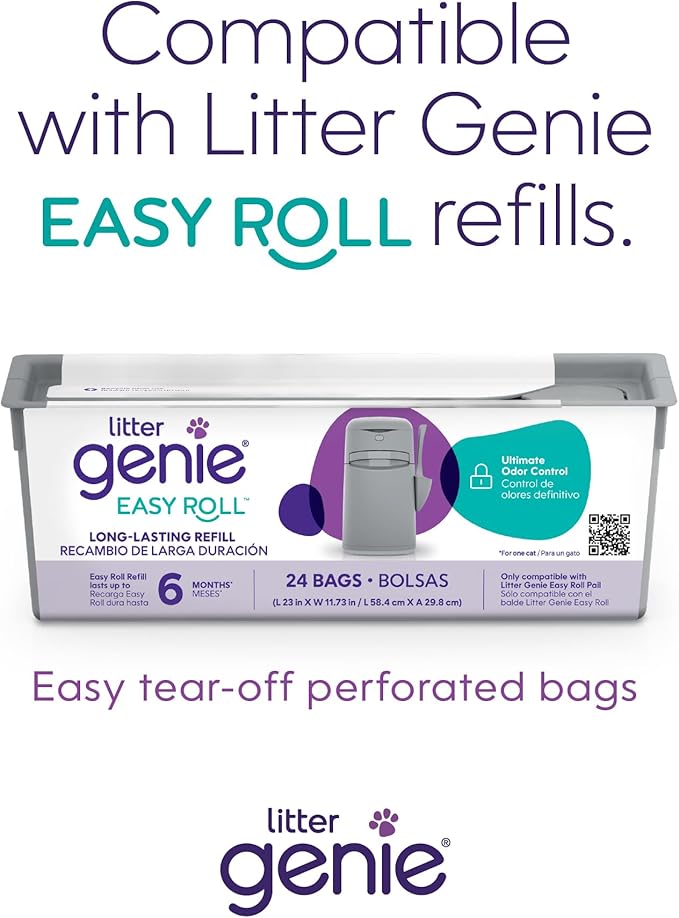 Bundle of Litter Genie Easy Roll Pail | Cat Litter Box Waste Disposal System for Odor Control with 1 Starter Refill (24 Bags) + Litter Genie Easy Roll Refill (24 Bags)