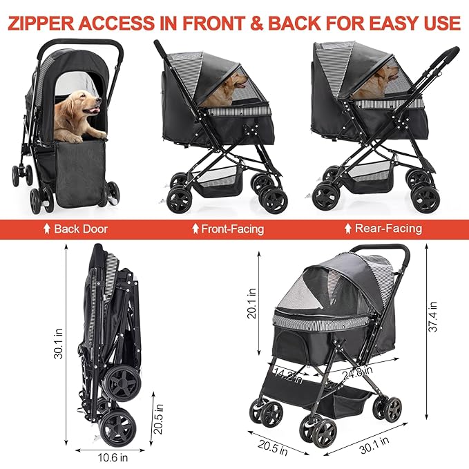 Dog Stroller for Large Medium Dogs & Cats with Reversible Handle, Foldable Pet Stroller Travel Carriage with Large Storage Basket, Black