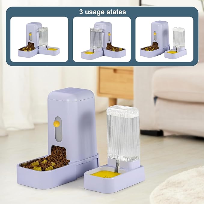 Automatic Cat Feeder Water Dispenser with Stainless Steel Bowl, 2 in 1 Gravity Cat Feeder Large Capacity Dispenser Removable for Pet Dogs Puppy Kitten (Blue)