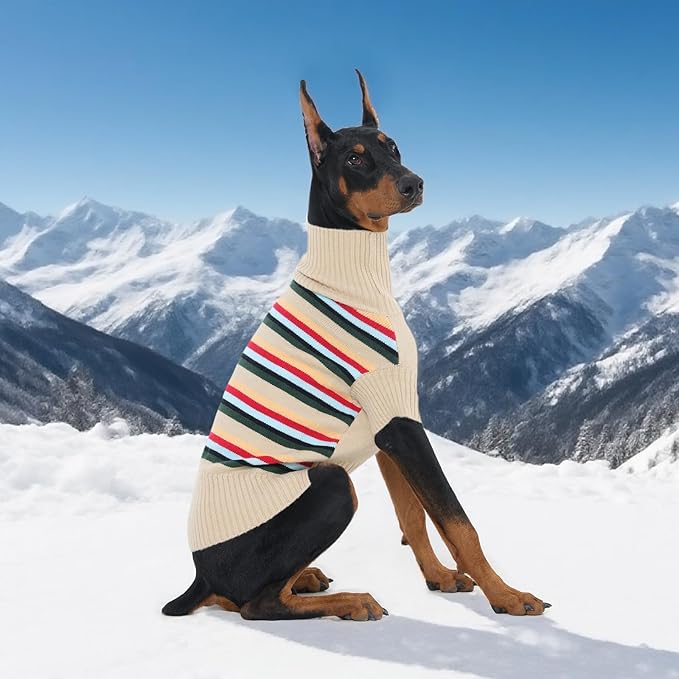 Kuoser Dog Sweater XL, Dog Sweaters for Medium Dogs Boy Girl, Turtleneck Doggie Striped Knitwear for Christmas, Winter Dog Clothes Pet Apparel for Labrador Beagle, Apricot XL