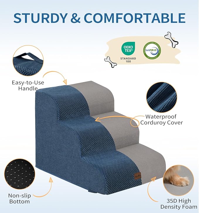Made4Pets Dog Stairs Ramp for Small Dogs, 3-Step Dog Steps for Bed Couch Sofa and Chair, 35D Foam Pet Steps for Small Dogs and Cats, Non-Slip Bottom Pet Stairs, Navy